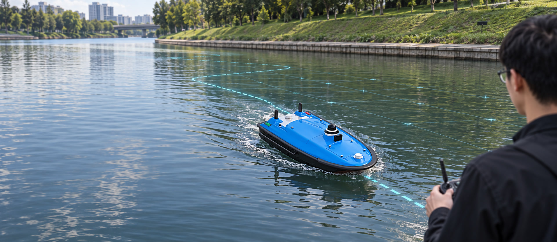 TBoat unmanned surface vessel following a hydrographic survey route while an engineer operates from shore
