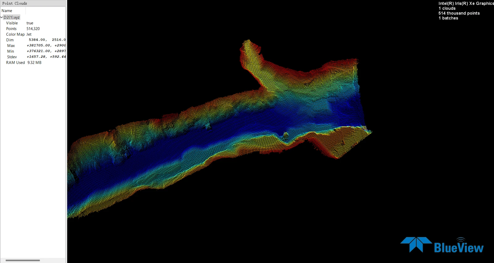 Oblique view of a river point cloud in processing software